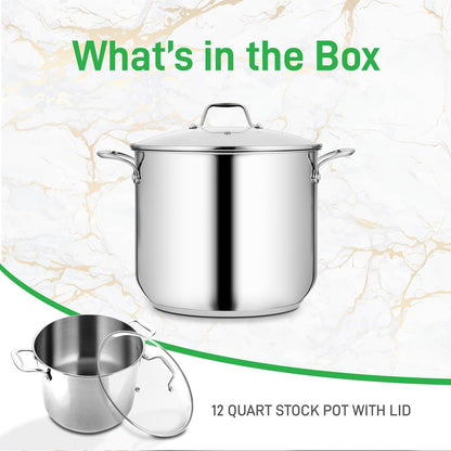 12-Quart Stock Pot, Even Heat, Stainless Steel, Tempered Glass Lid