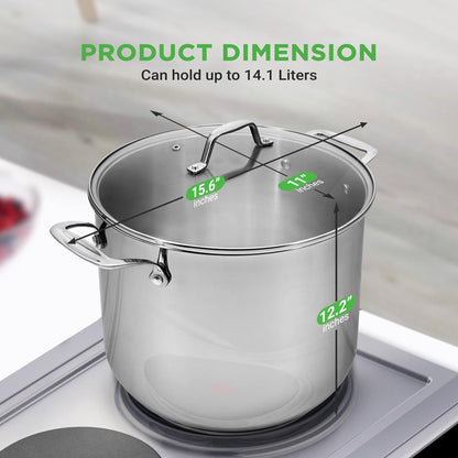 15-Quart Stainless Steel Stock Pot, Induction Safe, Tempered Glass Lid