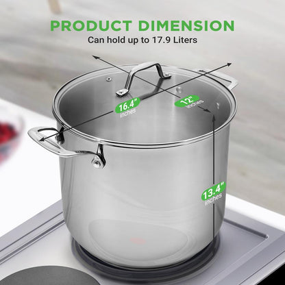 19-Quart Stainless Steel Stockpot, Induction-Compatible, See-Through Lid