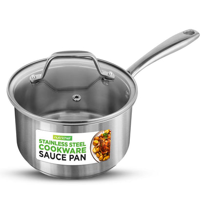 2 Quart Stainless Steel Saucepan - Even Heat, Tempered Glass Lid