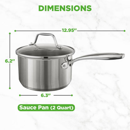 2 Quart Stainless Steel Saucepan - Even Heat, Tempered Glass Lid