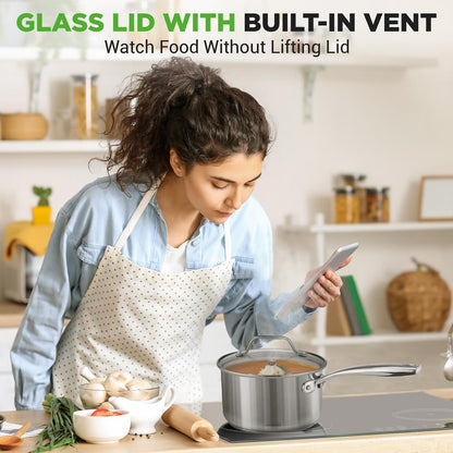 2 Quart Stainless Steel Saucepan - Even Heat, Tempered Glass Lid