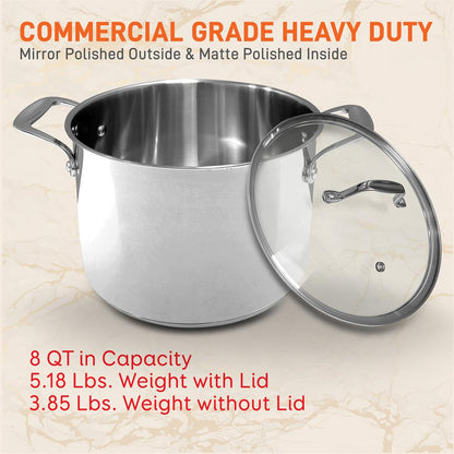 8-Quart Stock Pot, Even Heat, Stainless Steel, See-Through Lid