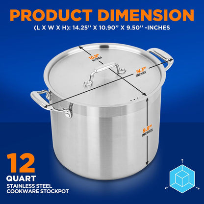12-Quart Stockpot for Stew & Soup, Induction Compatible, Stainless Steel