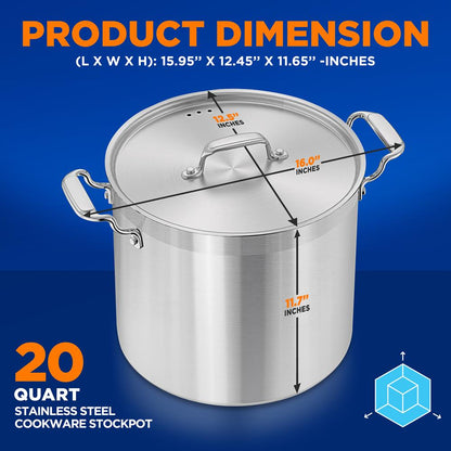 20 Qt Stockpot for Even Heat, Stainless Steel, Induction Compatible