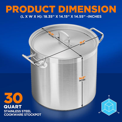 30 Qt Stainless Steel Stockpot, Even Heat, Induction Compatible