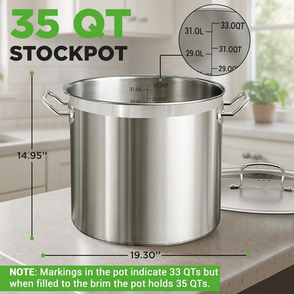35 Qt Stainless Steel Stockpot, Even Heat, Induction Compatible