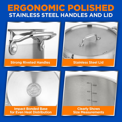 8 Qt Stockpot for Soups & Stews, Induction Safe, Stainless Steel