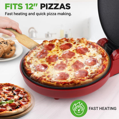 Countertop Pizza Maker, Quick 12" Pizzas, Non-Stick Aluminum, Red