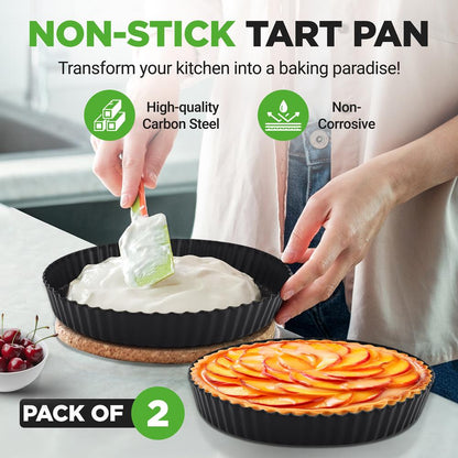 2 Round Tart Pans, Nonstick Carbon Steel, Removable Base, 9 Inch