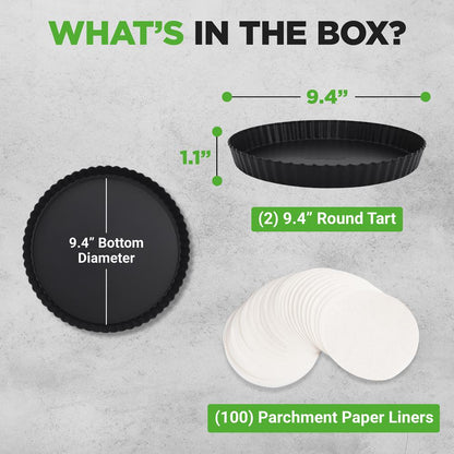 2 Round Tart Pans, Nonstick Carbon Steel, Removable Base, 9 Inch