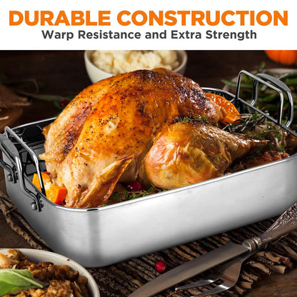 14" Stainless Steel Roasting Pan, Warp Resistant, Polished Rack