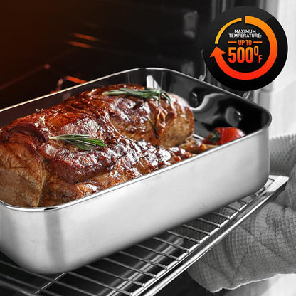 14" Stainless Steel Roasting Pan, Warp Resistant, Polished Rack