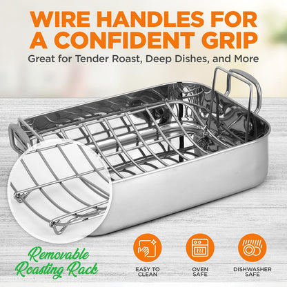 14" Stainless Steel Roasting Pan, Warp Resistant, Polished Rack