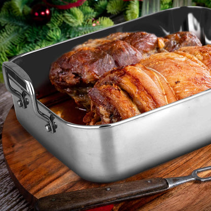 14" Stainless Steel Roasting Pan, Warp Resistant, Polished Rack