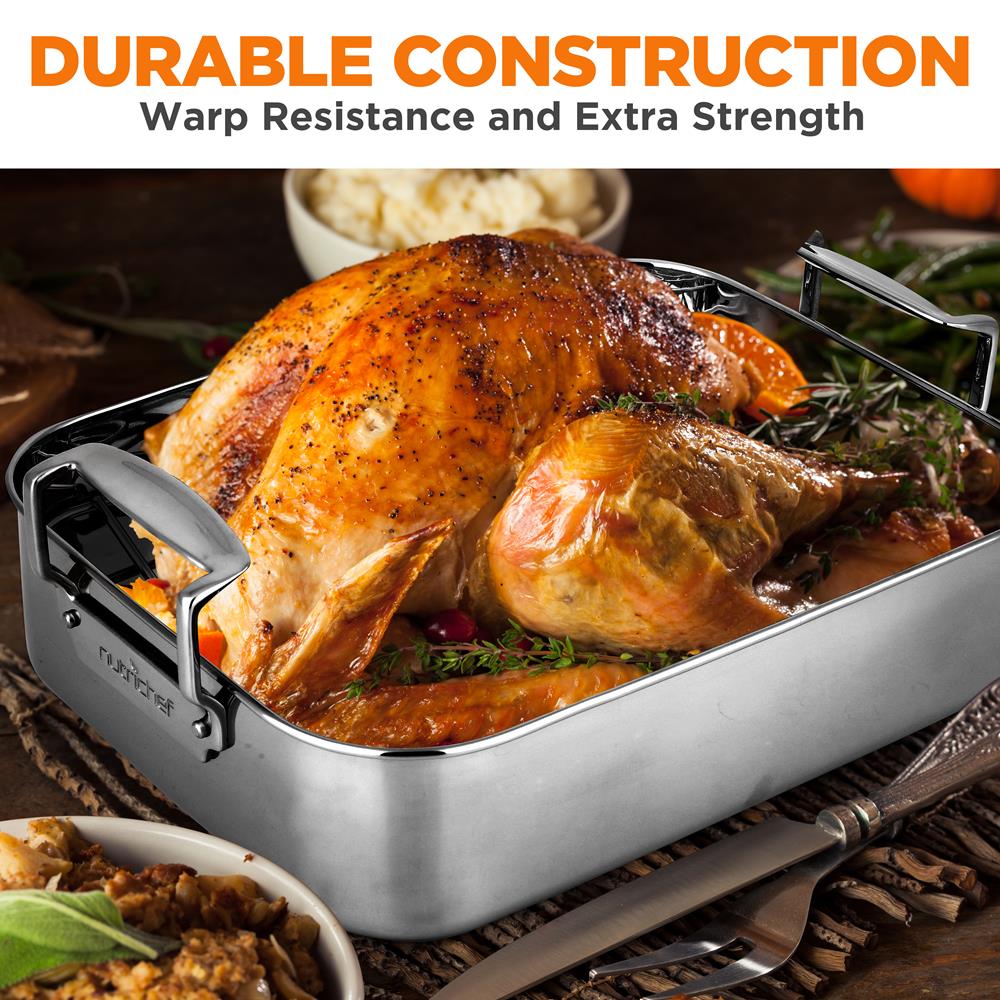 14" Stainless Steel Roasting Pan with Rack, Oven Safe, Easy Clean - Thumbnail 2