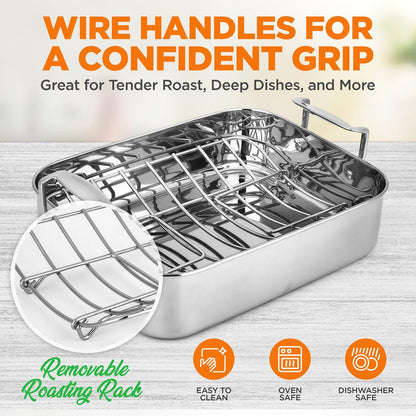 14" Stainless Steel Roasting Pan with Rack, Oven Safe, Easy Clean