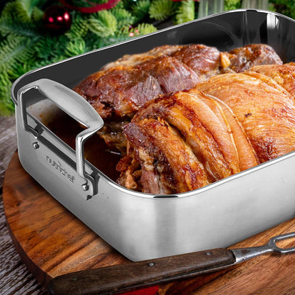 14" Stainless Steel Roasting Pan with Rack, Oven Safe, Easy Clean