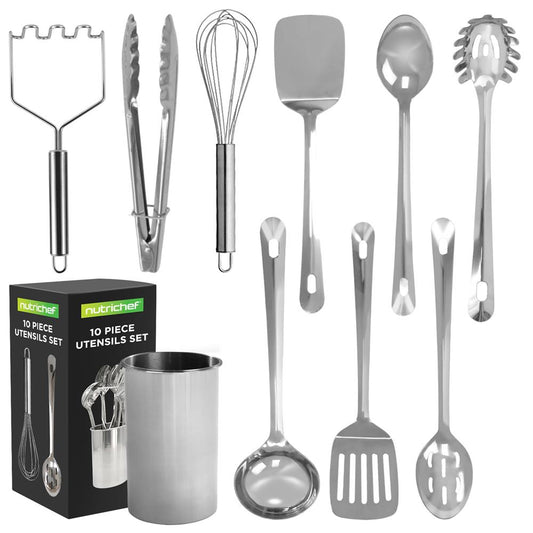 10 Pcs. Stainless Steel Kitchen Utensils Set  - Nonstick & Heat Resistant With High-Quality Ss Utensil Holder, Spoon, Slotted Spoon, Turner, Slotted Turner, Ladle, Pasta Server, Server, Food Tong, Masher And Whisk