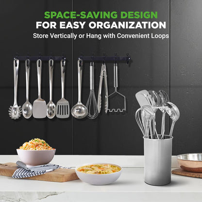 10 Pcs. Stainless Steel Kitchen Utensils Set  - Nonstick & Heat Resistant With High-Quality Ss Utensil Holder, Spoon, Slotted Spoon, Turner, Slotted Turner, Ladle, Pasta Server, Server, Food Tong, Masher And Whisk