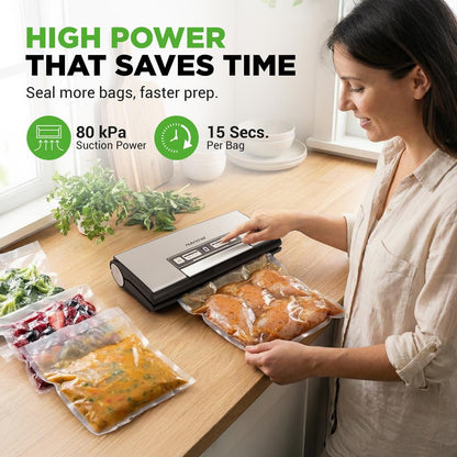Nutrichef Vacuum Sealer Machine - 80Kpa Automatic Food Sealer With Built-In Cutter, Storage Bag Compartment, Air Suction Hose, 1 Roll & 5 Vacuum Bags For Meal Prep, Bulk Storage & Food Portioning (Silver)