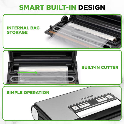 Nutrichef Vacuum Sealer Machine - 80Kpa Automatic Food Sealer With Built-In Cutter, Storage Bag Compartment, Air Suction Hose, 1 Roll & 5 Vacuum Bags For Meal Prep, Bulk Storage & Food Portioning (Silver)