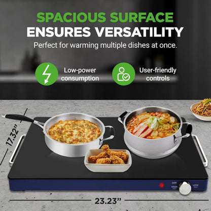 Electric Warming Tray Keeps Food Warm Glass Surface Adjustable Temp Blue