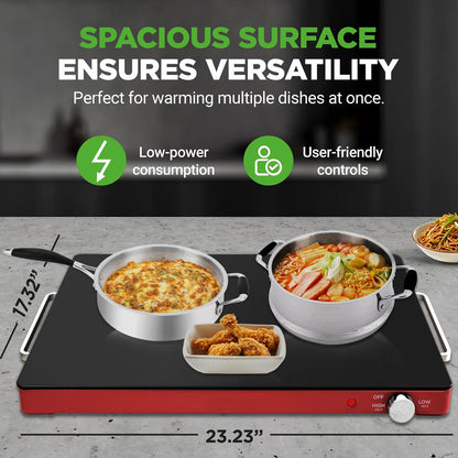 Electric Warming Tray Keeps Food Warm Glass Surface Adjustable Temp Red