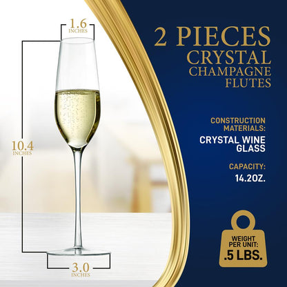 Champagne Flutes Set of 2, Preserve Bubbles, Lead-Free Crystal