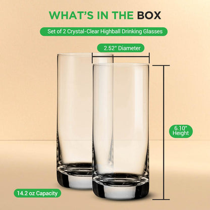 Highball Glasses Set of 2, Durable Crystal, Dishwasher Safe, 14.2 oz