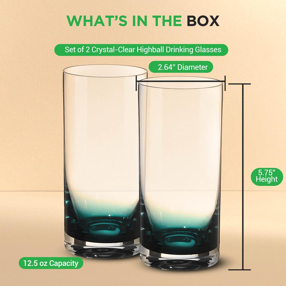 Highball Glasses Set of 2 - Durable Crystal, Dishwasher Safe, Clear