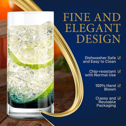12.5oz Highball Glasses Set of 4 - Durable Lead-Free Crystal, Clear