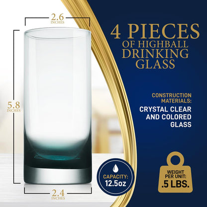 12.5oz Highball Glasses Set of 4 - Durable Lead-Free Crystal, Clear