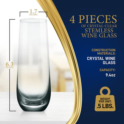 Stemless Champagne Flutes Set, Durable Lead-Free Crystal, Dishwasher Safe
