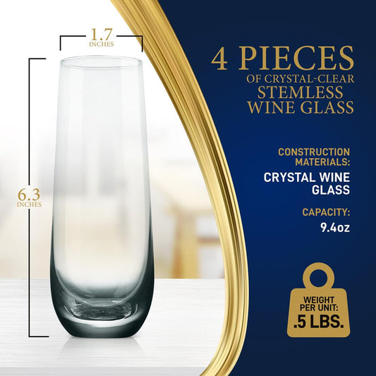 Stemless Champagne Flutes Set, Durable Lead-Free Crystal, Dishwasher Safe