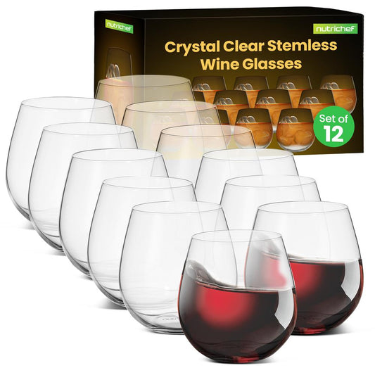 Stemless Wine Glasses Set of 12, Ultra Thin Crystal, Clear, 15 Oz
