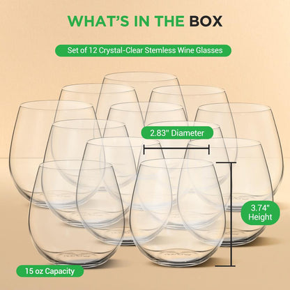 Stemless Wine Glasses Set of 12, Ultra Thin Crystal, Clear, 15 Oz