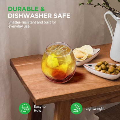 Stemless Wine Glasses Set, 19 Oz, Hand Blown Crystal, Dishwasher Safe