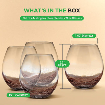 Stemless Wine Glasses Set, 19 Oz, Hand Blown Crystal, Dishwasher Safe