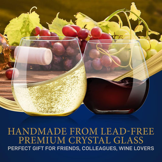 Stemless Wine Glasses Set of 4 - Elegant Crystal, Shatter-Resistant, Clear