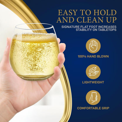 Stemless Wine Glasses Set of 4 - Elegant Crystal, Shatter-Resistant, Clear