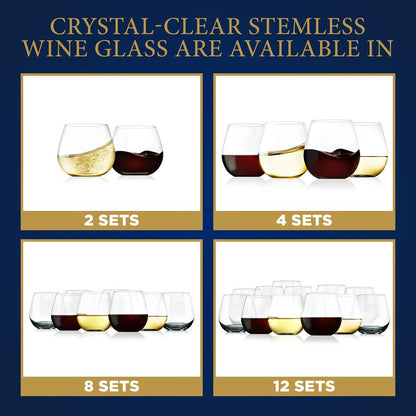 Stemless Wine Glasses Set of 8, Shatter-Resistant Crystal, 15 Oz