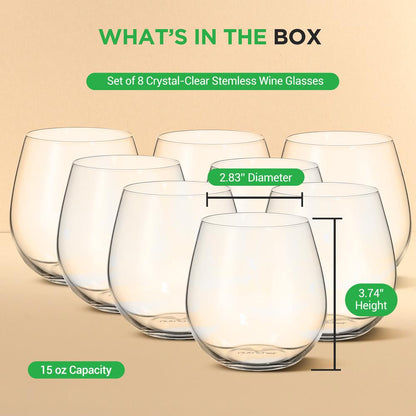 Stemless Wine Glasses Set of 8, Shatter-Resistant Crystal, 15 Oz