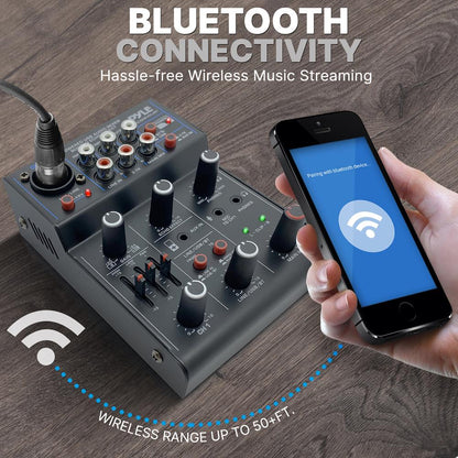 3-Channel Wireless DJ Mixer - Bluetooth 5.0, USB Interface, Phantom Power