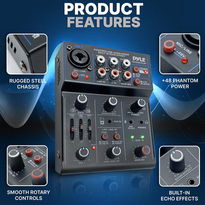 3-Channel Wireless DJ Mixer - Bluetooth 5.0, USB Interface, Phantom Power