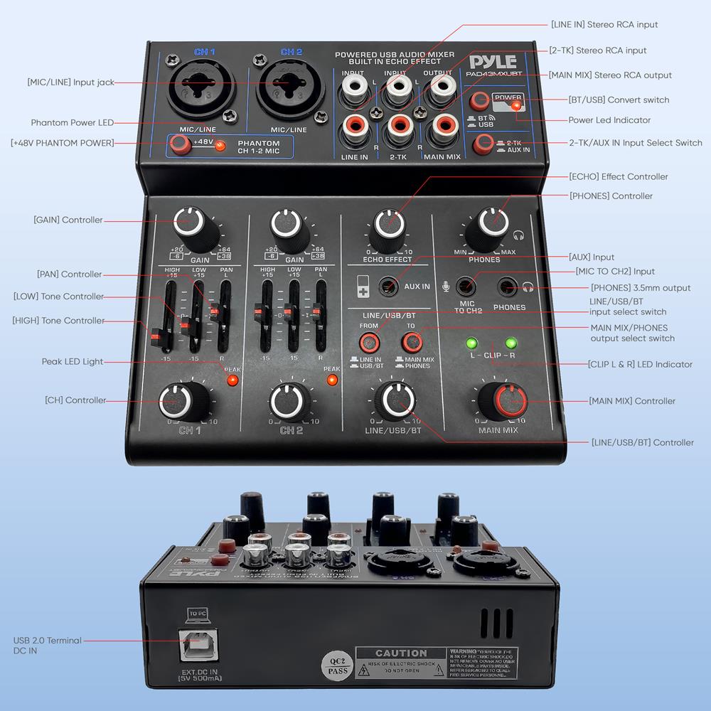 Wireless 4-Channel Audio Mixer - Bluetooth, USB Interface, Echo