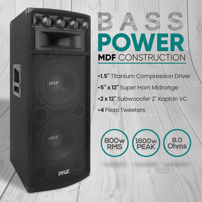 Portable PA Speaker System 1600W Dual 12" Woofers MDF Construction