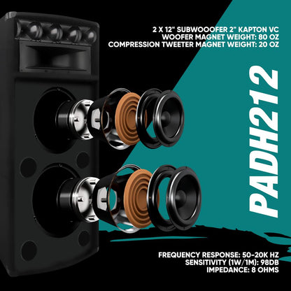 Portable PA Speaker System 1600W Dual 12" Woofers MDF Construction