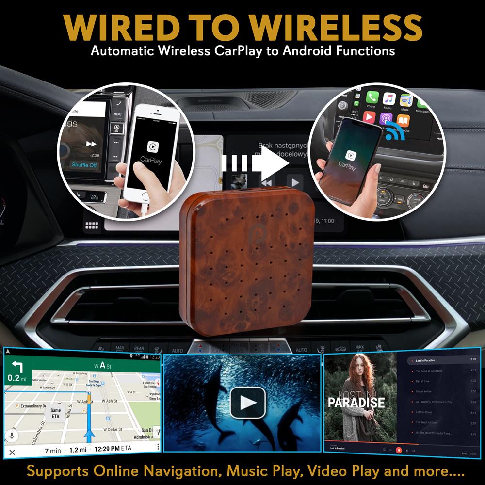 Wireless Carplay Android Box - Seamless Streaming, 4GB RAM, Wood