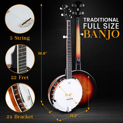 5-String Banjo Kit, Rich Sound, Remo Head, Sapele Resonator, Sunburst